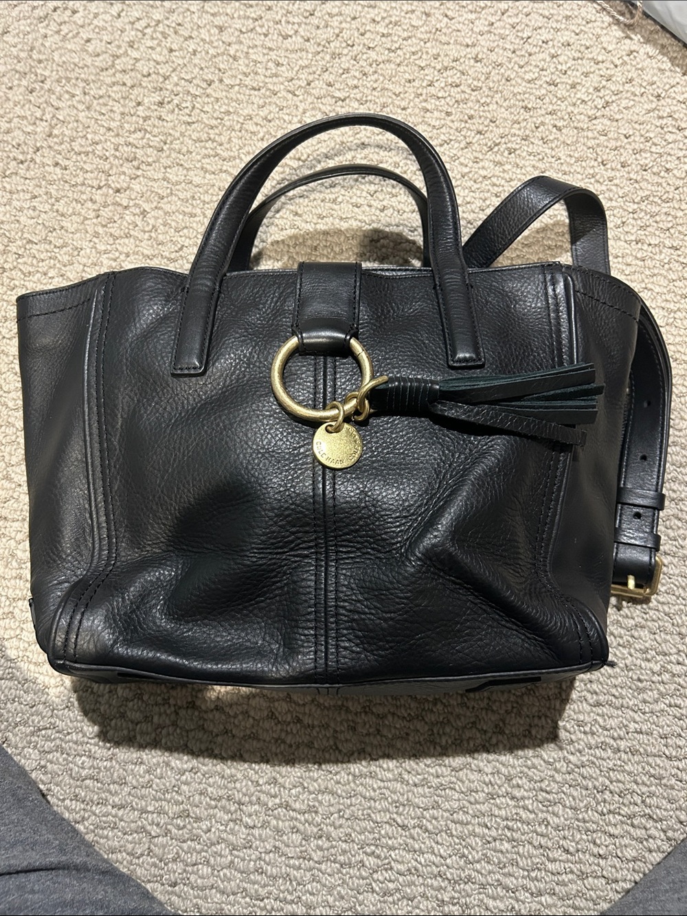 Cole Haan Black Leather Tote Satchel with Tassel Charm & Crossbody strap